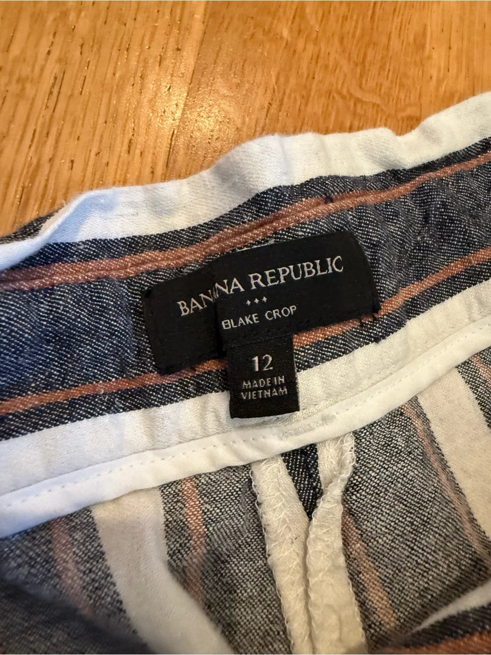 Striped High-Waist Linen Blend Pants in Navy, White & Rust